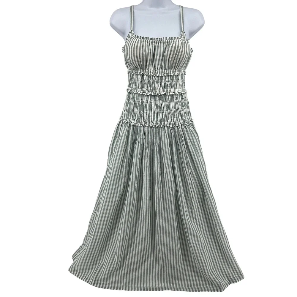 Abercrombie & Fitch Maxi Dress SP Green Striped Smocked Bra-Free Cottagecore